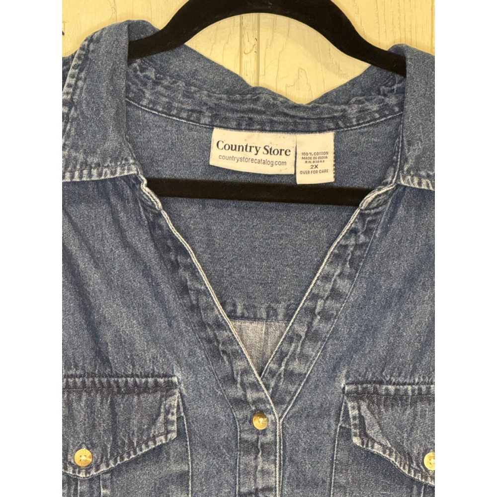 Women's Country Store Plus 2X Blue Denim Plaid Sleeve Button Down Shirt - Picture 2 of 11
